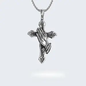 Stainless Steel Praying Hands Cross Necklace Prayer Accessories for Men and Women