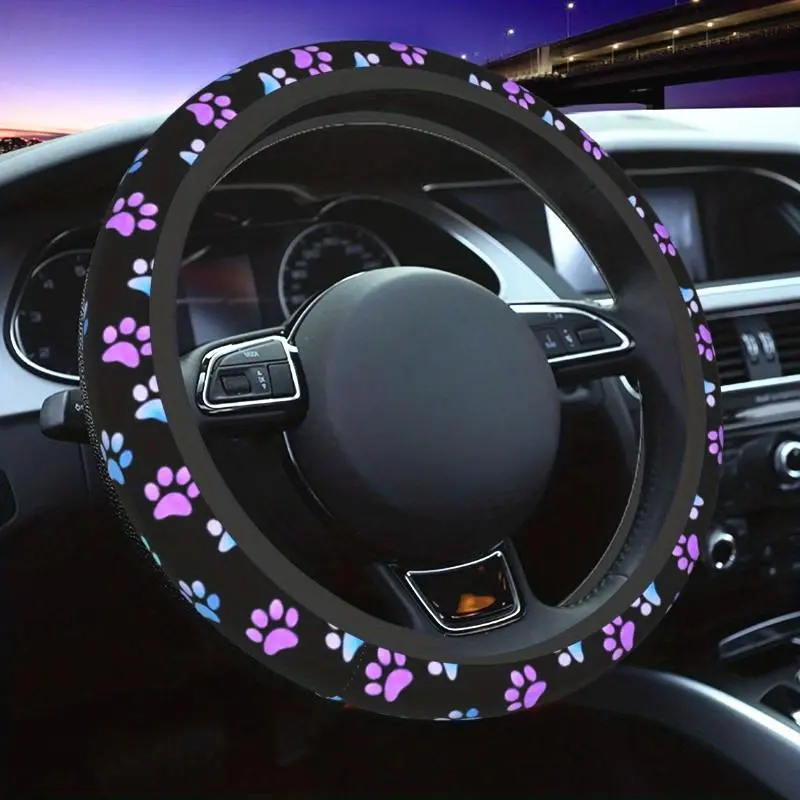 Cute Paw-print Pattern Car Steering Wheel Cover for 15 inch, Non-slip Car Steering Wheel Protector, Universal Automotive Auto Car Interior Decoration Accessories for Women & Men, Car Steering Wheel Insert Accessories