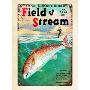Vintage Tin Sign Field and Stream Fishing Metal Poster Retro Art Wall Decoration for Home Club Cabin Garage Store Bar Cafe Farm 12" X 8"