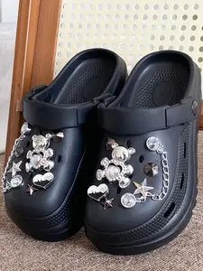 Sweet Cool Girl Style Simple Versatile Holey Shoes, 3D Rhinestone Bear Star Shoe Accessories, Height-Boosting Thick Sole Eva Material, Summer Beach Sandals Slipper