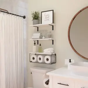 New 1 Set Premium White Over Toilet Shelves - Stylish Floating Design with Practical Wire Baskets Durable Wood Wall Mounted Storage for Bathroom Decor & Organization Organiser Racks