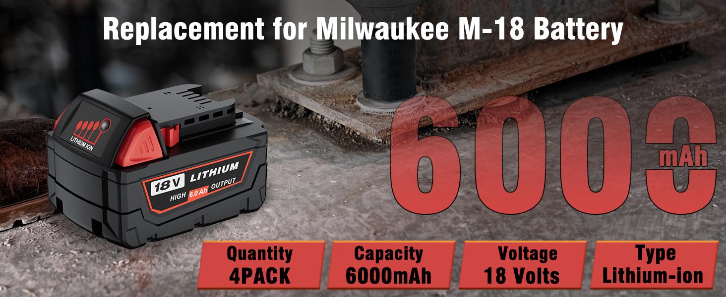 2Pack 6.0Ah M18 Replacement Battery for Milwaukee 18V Cordless Tools, Compatible with 48-11-1862 48-11-1852 48-11-1882