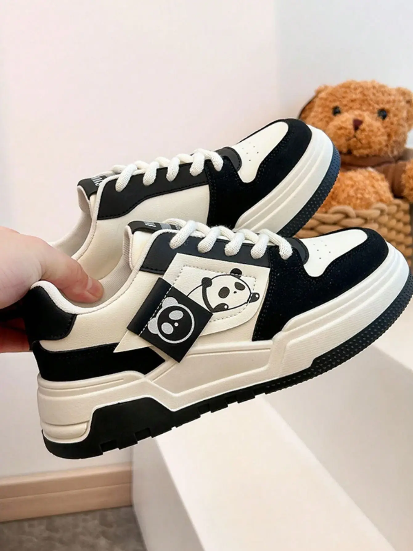Panda Print 2025 Autumn White Sneakers Thick Sole Casual Shoes for Women, Steel Toe, Multicolor, Sporty and Athletic Design indoor  hoop  shoes
