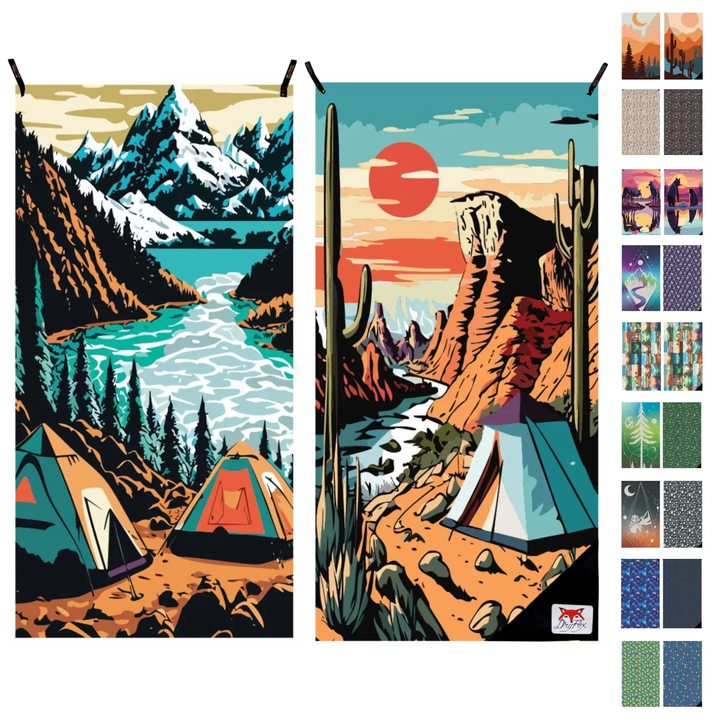 DryFoxCo Adventure Towel L with Pouch & Pocket - 30"x60" Quick-Dry, Super Absorbent, Reversible Prints, Eco-Friendly, For Travel, Camping, Beach, Swim, Shower, Bath, Adventure Gift