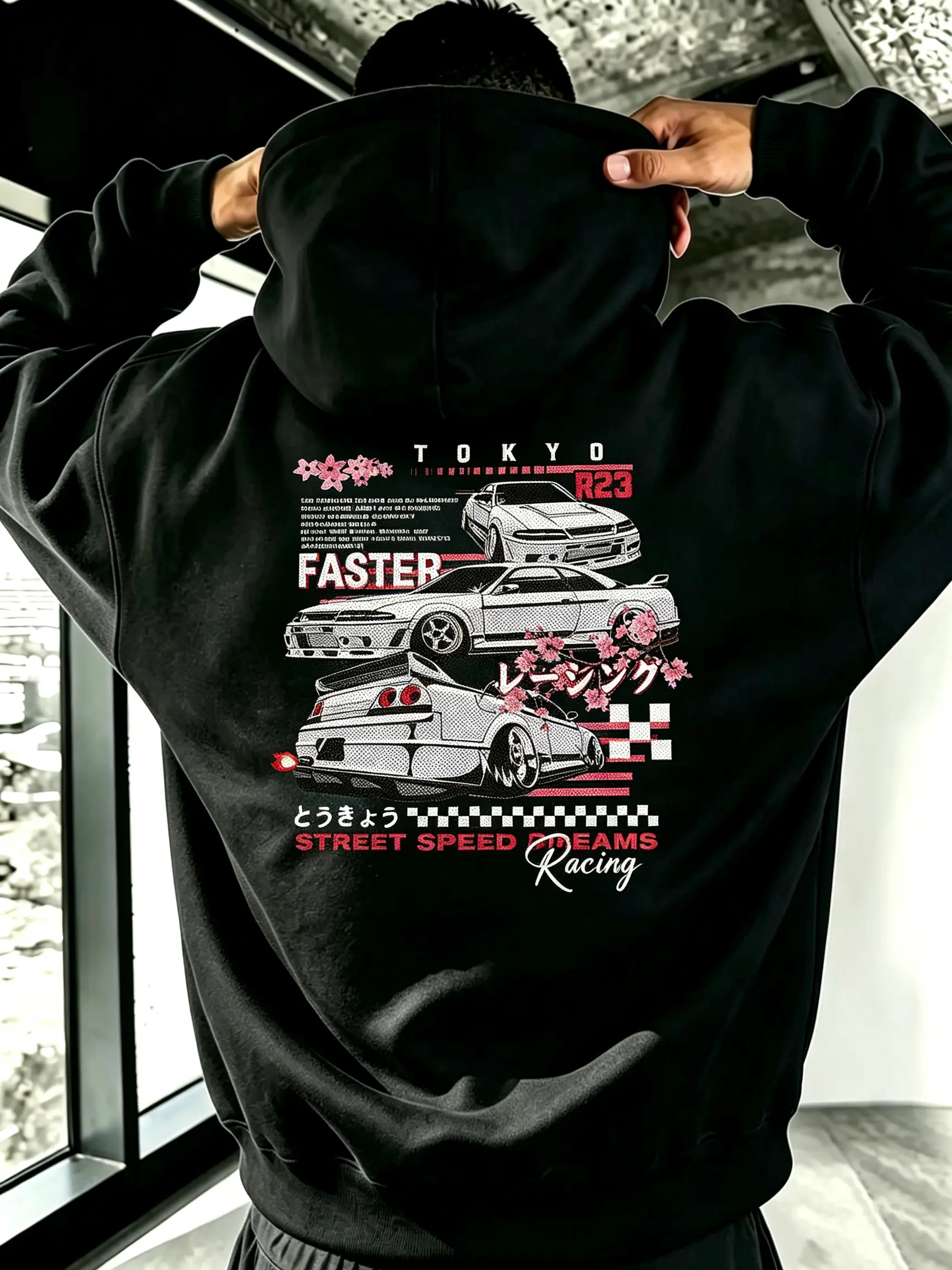 Men’s back print hoodie featuring a Tokyo JDM racing car graphic, Back to School season, vintage Japanese sakura lettering pullover hoodie, trendy streetwear, loose-fit hip-hop long-sleeve hooded sweatshirt for men, casual everyday wear Aesthetic Biker