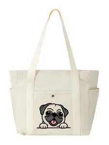 Cute Tongue-Out Pug Pup Cheerful Sticker Graphic Trendy Multi-Pocket Canvas Tote Bag for Teenagers' School Campus & Hangout with Friends