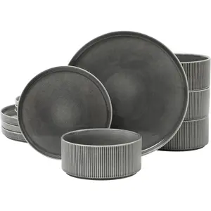 Solana 12 Piece Stoneware Reactive Glaze (Service for 4) and Shape Embossed Dinnerware Set - Black