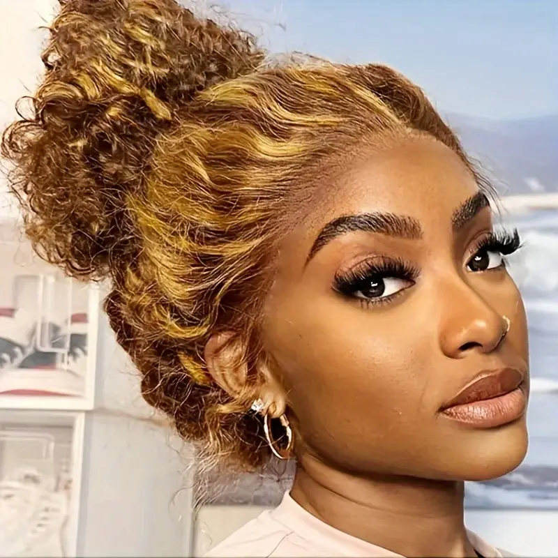 HD Full Lace 360 Full Lace Front Human Hair Wigs P427 Honey Blonde Colored Invisible Strap Upgraded version Pre Plucked Highlight Curly Wigs Breathable Cap Pre Plucked Convenient to Put On 16-36 Inch