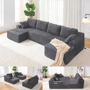 【2Packages】130'' U-shaped Boneless Modular Sectional Sofa , Compressed Corduroy Fabric, Modern Style Living Room Sofa Bed, Oversized U Shape Cloud Sleeper Sofa with Deep Seat Space-Saving Recliner Design - Convertible Corduroy Sectional Sofa