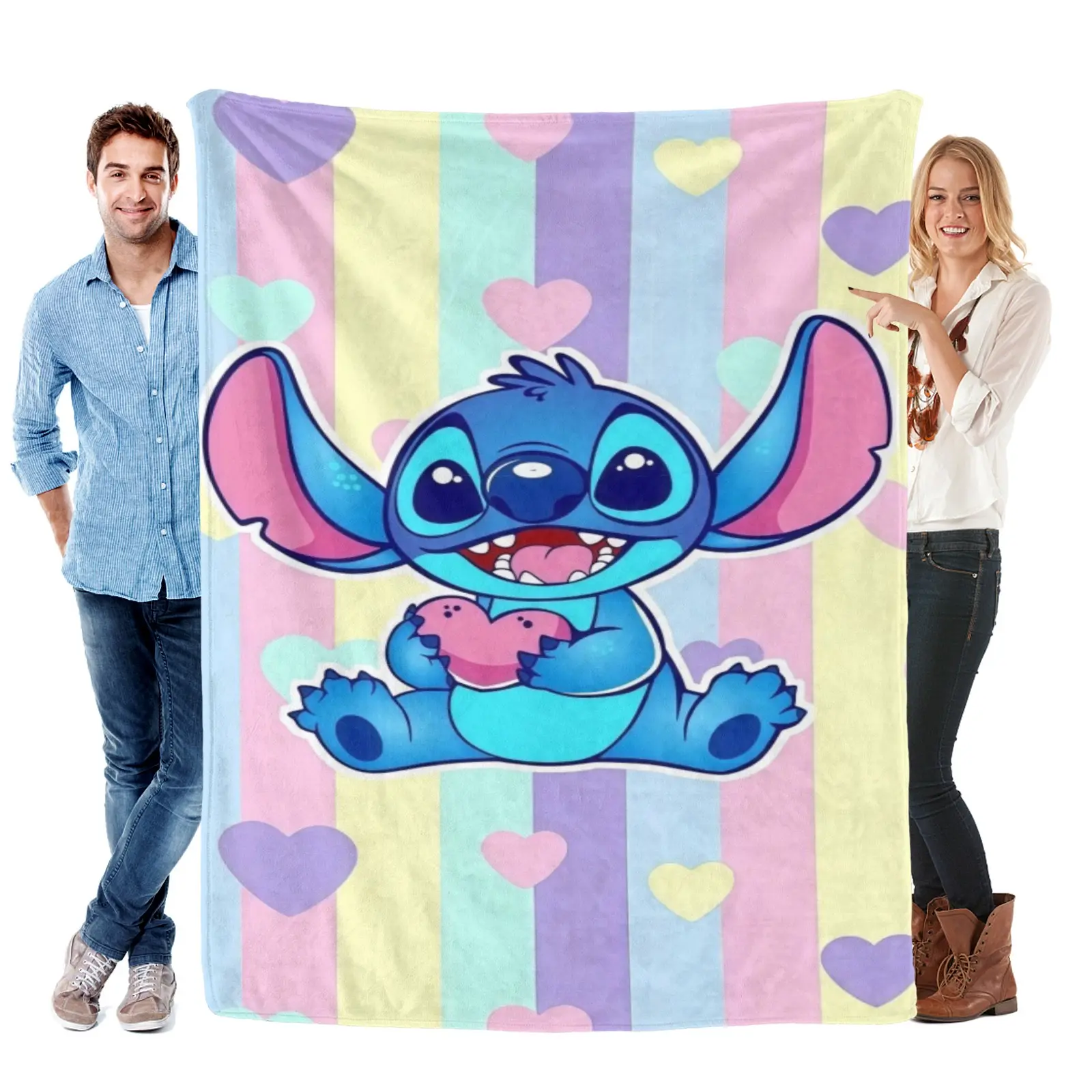 Disney Stitch Throw Blanket Macaron Stripe Heart Print, Soft Flannel Disney Blanket For Stitch Bedding Bedroom Decor, Teen Girls