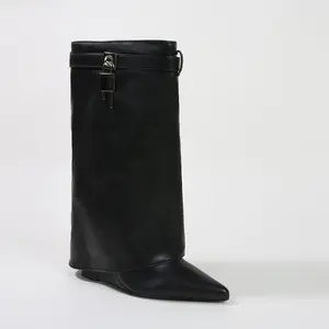 Paisley Leather Fold-over Wege Boots with Lock Detail