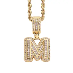 Gold Initial Necklace For Women Men - 18K Copper Plated Real Gold Micro Inlaid 5A+ Cubic Zirconia Hip Hop Iced Out Letter Pendant With 24 Inch Rope Chain Bling Alphabet Name Jewelry