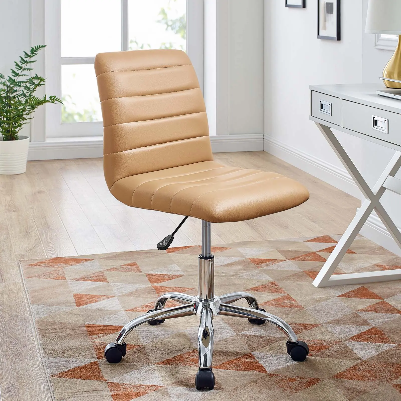 Modway Prim Armless Mid-Back Office Conference Chair - Faux Leather, Height-Adjust, Deep Tufted Buttons, Tan, Chrome Steel, 360-Spin Swivel Base, Commercial Office Furniture for Conference Rooms, Desks