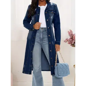 Women'S Fashion Spring Button Midi Long Denim Jean Jacket Trench Coat