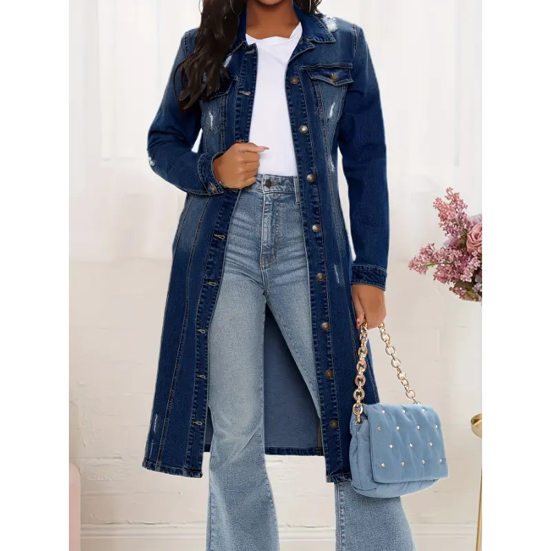 Women'S Fashion Spring Button Midi Long Denim Jean Jacket Trench Coat