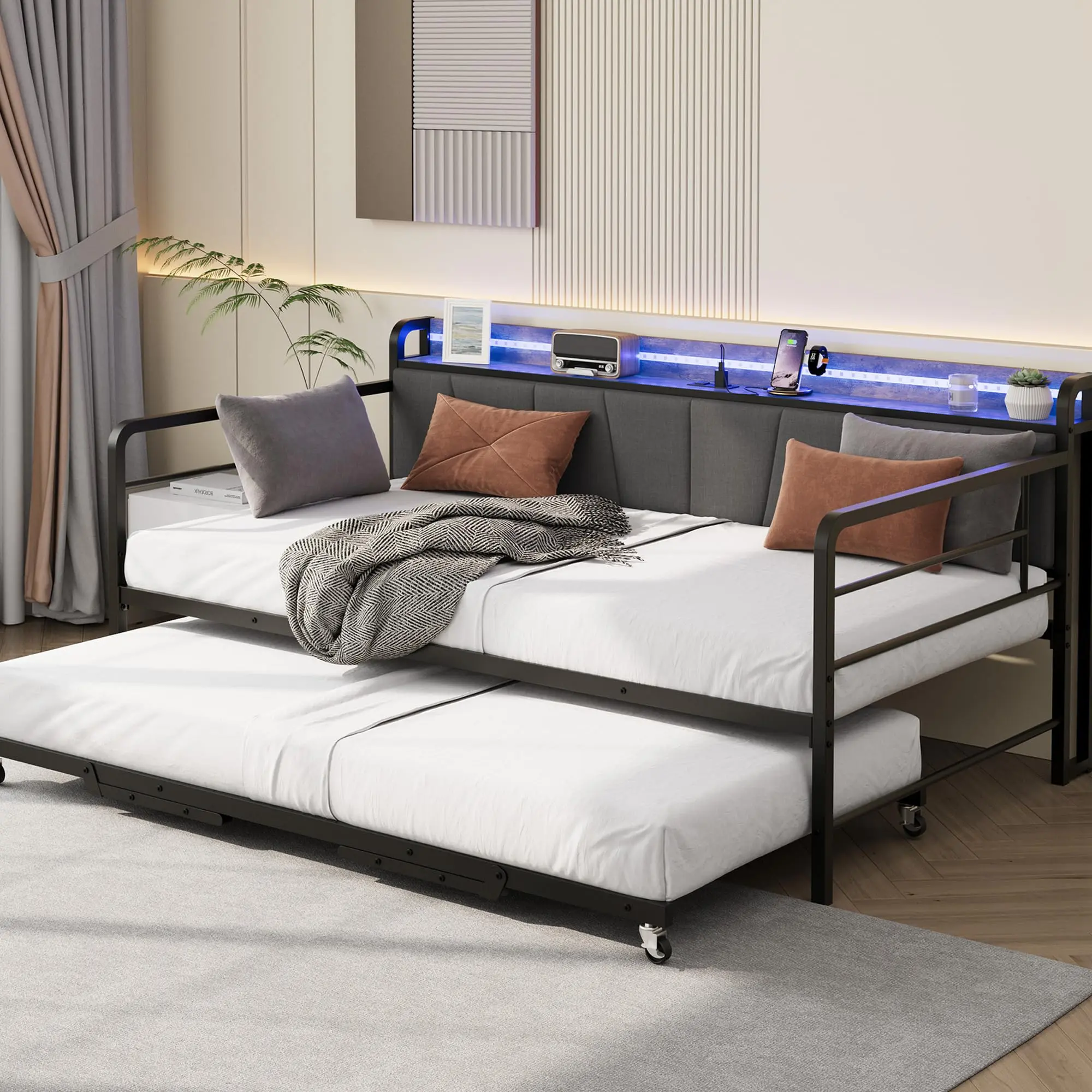 Gaomon Industrial Solid Linen-Upholstered Single Sofa Bed - Pull-Out Bed, 12.7 cm Deep Open Storage Shelf, USB Port Charging Station, Color-Changing LED Lights, Sturdy Metal Frame for Living Room/Bedroom (King-Size Compatibility)