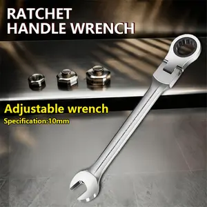 10mm Flex Head Ratchet Combination Wrench, 180° Pivoting Adjustable Open End Spanner, Chrome Vanadium Steel Mirror Polished Anti-Rust Hand Tool for Auto Repair DIY Home Maintenance