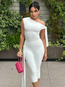 Women's Solid Asymmetrical Neck Knot Design Top & High Waist Capri Pants Two-piece Set, Elegant Fashion Basic Ruched Top & Skinny Capri Trousers for Daily Outdoor Wear, Ladies Clothes