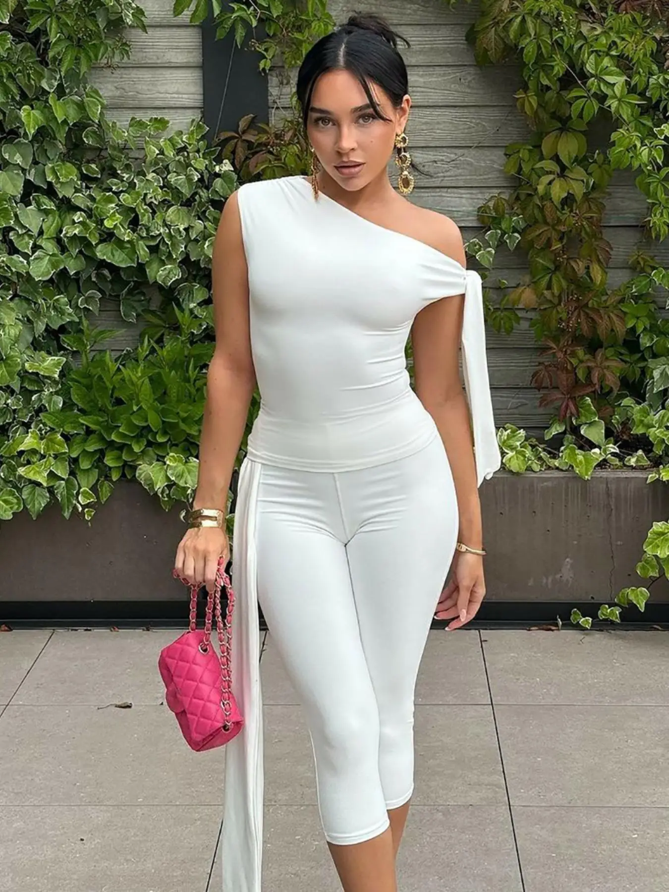 Women's Solid Asymmetrical Neck Knot Design Top & High Waist Capri Pants Two-piece Set, Elegant Fashion Basic Ruched Top & Skinny Capri Trousers for D