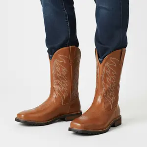 VIMISAOI Cowboy Boots for Men Embroidered Square Toe Mid Calf Summer Boots Retro Classic Pull On Western Trendy Boots