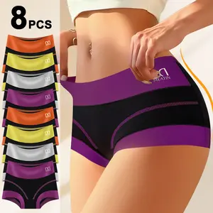 QUASTI 8PCS Women's High-Waist Trim Contrasting Boxer Briefs, Skin Friendly Cotton Breathable Tummy Control Hip-Lifter Sports Underwear, Full Coverage Fashion Aesthetics Panties, S-XXL