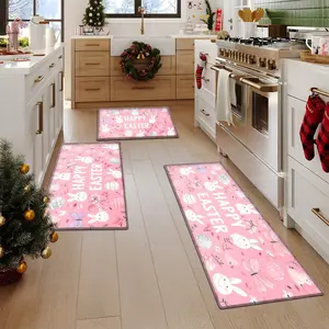 1/2/3pcs Easter Pink Kitchen rugs,  Happy Easter Bunny Butterfly Eggs Style Home Decoration Floor Mat, Thickened Flannel Material Soft, Easy To Clean, Suitable For Kitchen, Bedroom, Living Room, Door, Bathroom Entrance, Laundry Room