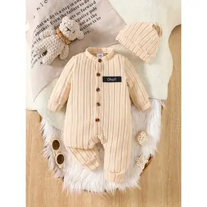 European and American baby boy autumn and winter hot item, brushed pit stripe fabric, letter seal one-piece clothes+hat [targeted development], Perfect for Outdoor