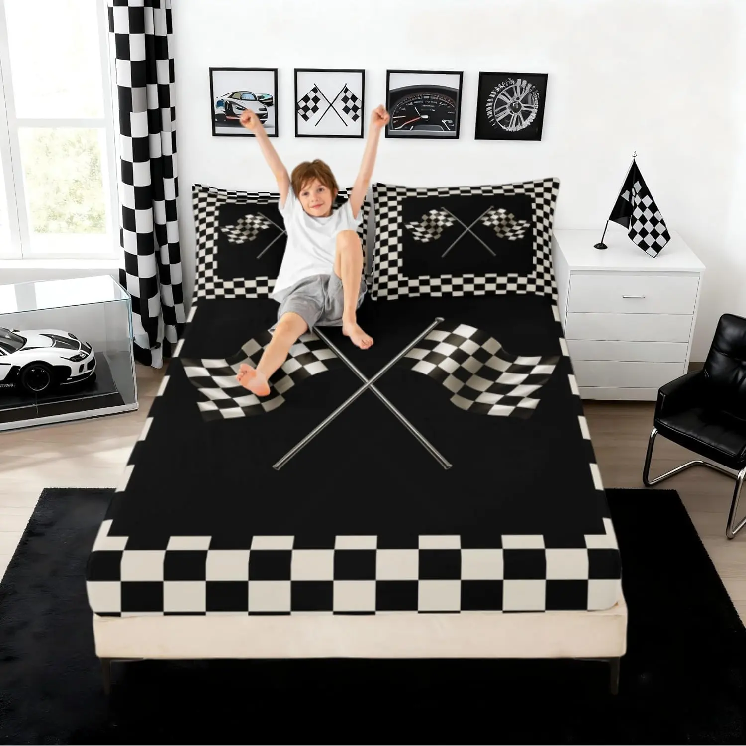 Checkered Flag Bedding Set Black and White Bed Set Bedroom Decor Racing Theme Fitted Sheet Soft Geometric Grid Bed Cover(1 Fitted Sheet+1 ) No Flat Sheet