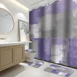 4-piece Purple Bathroom Shower Curtain Set with Rug Purple and Gray Painting Art Bathroom Set with Shower Curtain, Rug, and Accessories
