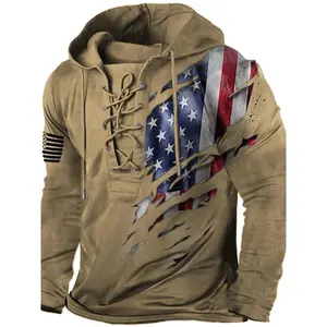 Retro flag print hoodie, cool lace-up hoodies for men, men’s casual graphic design hooded sweatshirt streetwear for winter and fall, suitable as gifts, knit fabric