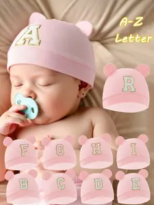Cute Unisex Newborn Bear Ear Hat Personalized Initial Baby Hat 0-3M Hypoallergenic Soft Fabric Baby Shower Gift Hospital Welcome Outfit