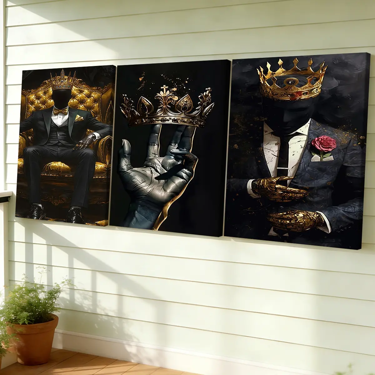 3 Counts Wooden Framed Canvas Painting, Golden Crown King Abstract Art Images, Exquisite Poster, Perfect Living Room Decoration, Modern Home Decor, Modern Art, Fashion Family Poster, Wall Art Decoration, Waterproof Art, Abstract Design 3 Counts Wooden Framed Canvas Painting, Golden Crown King Abstract Art Images, Exquisite Poster, Perfect Living Room Decoration, Modern Home Decor, Modern Art, Fashion Family Poster, Wall Art Decoration, Waterproof Art, Abstract Design