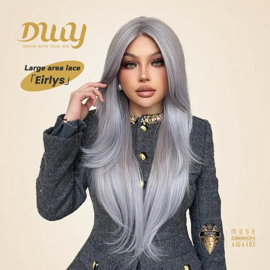 Eirlys-DWY 13×6 Lace Front Free Part Long-Length Natural Wavy Purple Gray with Highlighted Glueless Synthetic Wig for Women 28 Inches