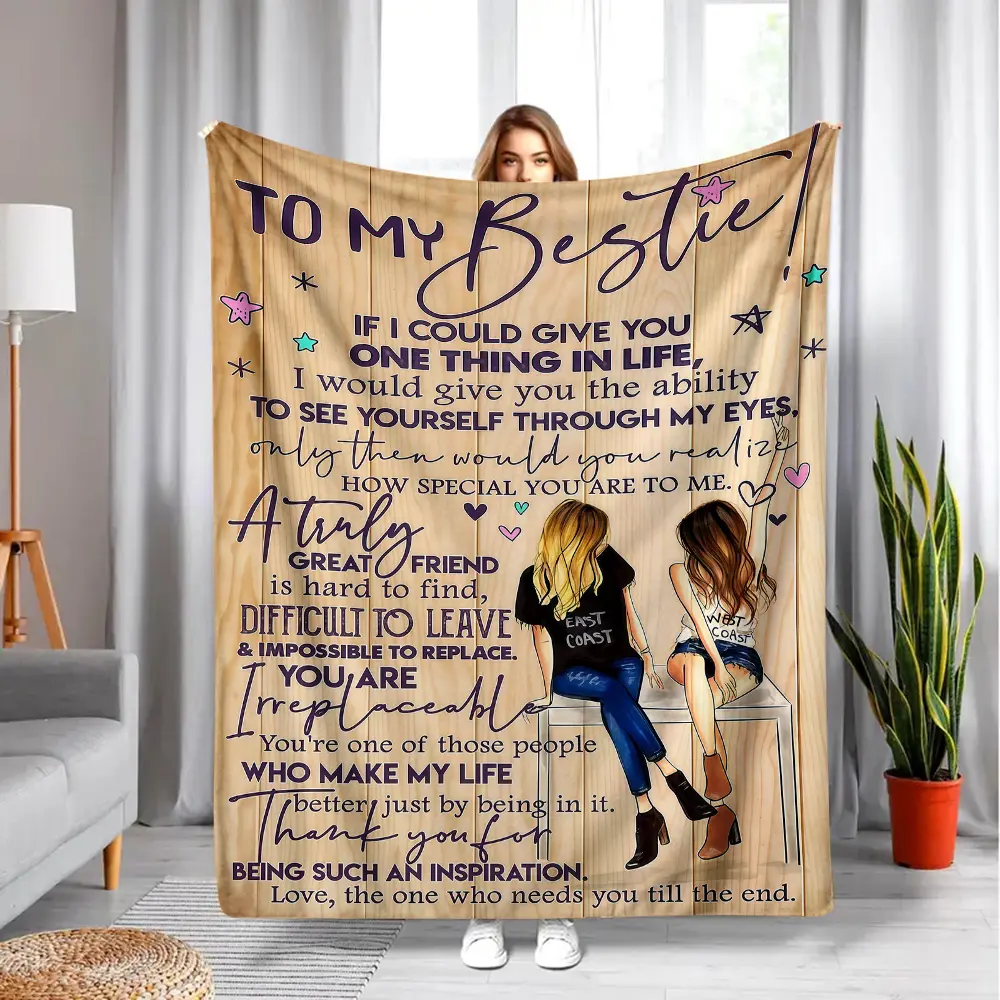 Cozy Chic Soft Comfy Encouragement Inspirational Print Throw Blanket - Rustic Wood Grain Background, 2 Best Friends Art Design, Heartfelt Affirmation Letter, Back-To-Back Girl Drawing, Ideal Birthday Gift for Female Bestie, Cozy Chic Blanket