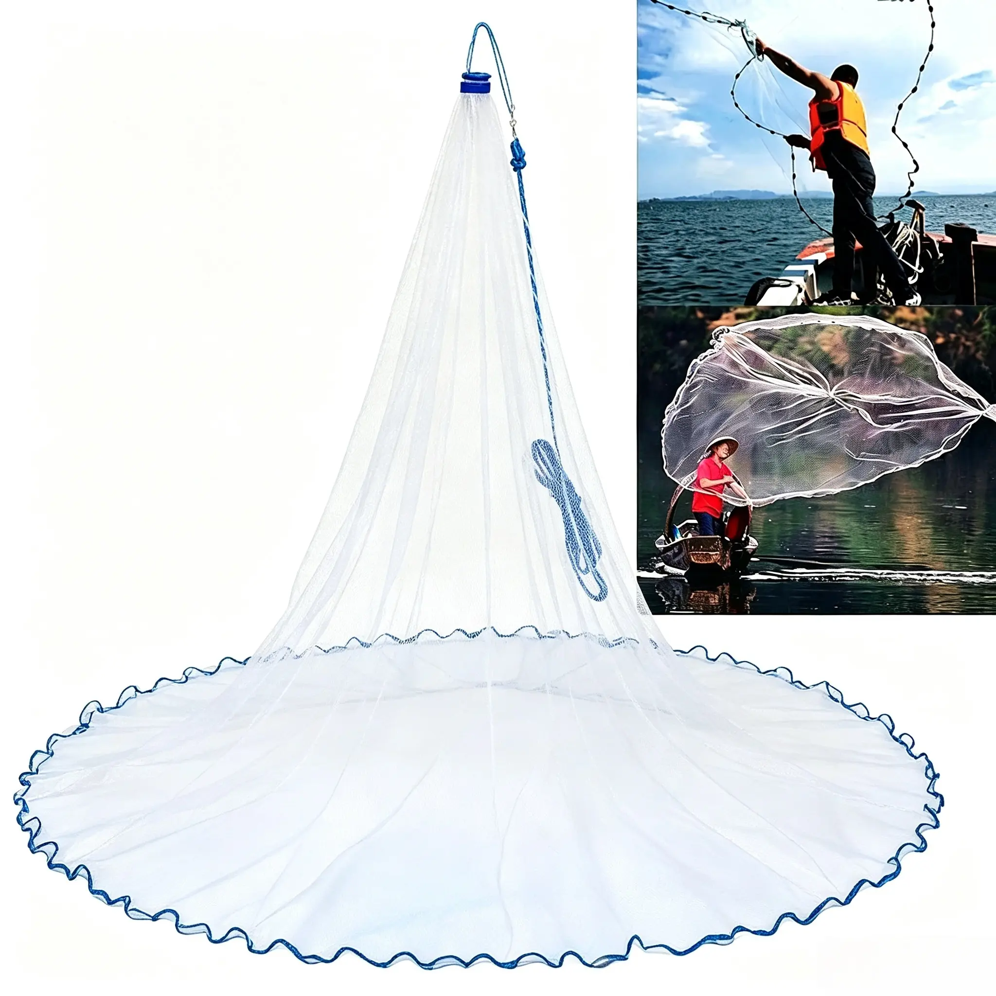 American Saltwater Fishing Cast Net for Bait Trap Fish 4ft/5ft/6ft Radius Freshwater Casting Nets with Heavy Duty Real Zinc Sinker Weights, 3/8inch Mesh Size