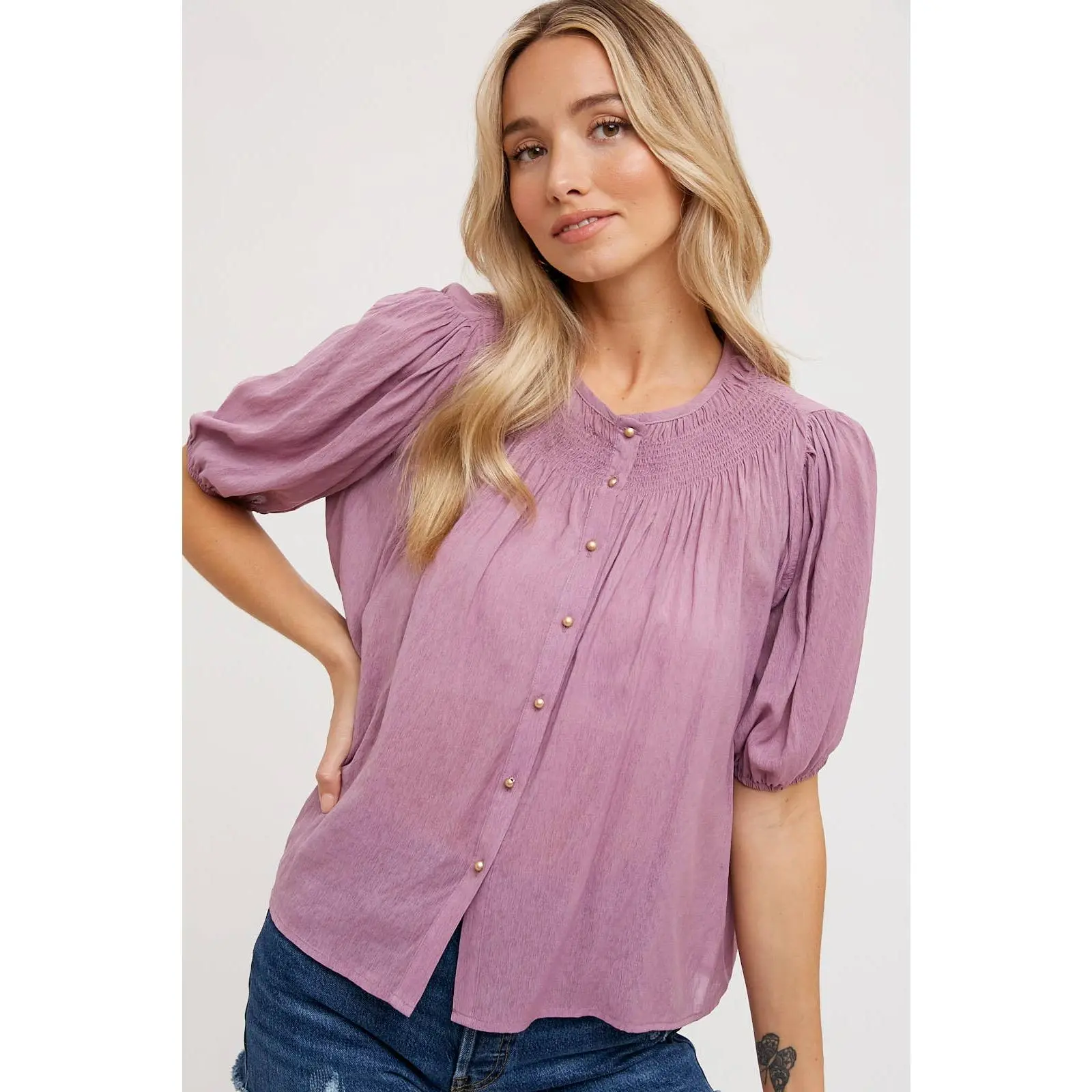 Ruched Neck Bubble Blouse