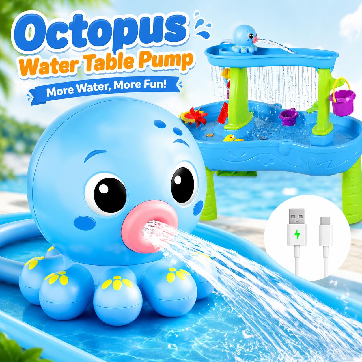 Octopus Water Pump for Step2 Water Table — Fits Rain Showers, Unicorn & Most Brands | 6L/Min Strong Flow, 3-Hour Rechargeable Battery | No-Drill 60s Install, Ultra Quiet 45dB | Toddler Outdoor Water Play Toy Accessories (Pump Only) Blue