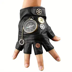 Steampunk Cosplay Compass Gears Fingerless Real Leather Gloves Men/womens