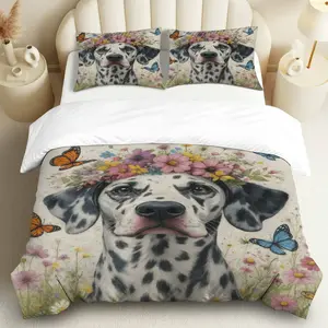 3PCS Duvet Cover Set, 1 Duvet+2 Pillowcases(Without filler), Dalmatian Floral Butterfly Meadow theme, Spring bedding set, Animal Art Suitable for decoration Bedroom, Guest Room, Studio, Lounge.