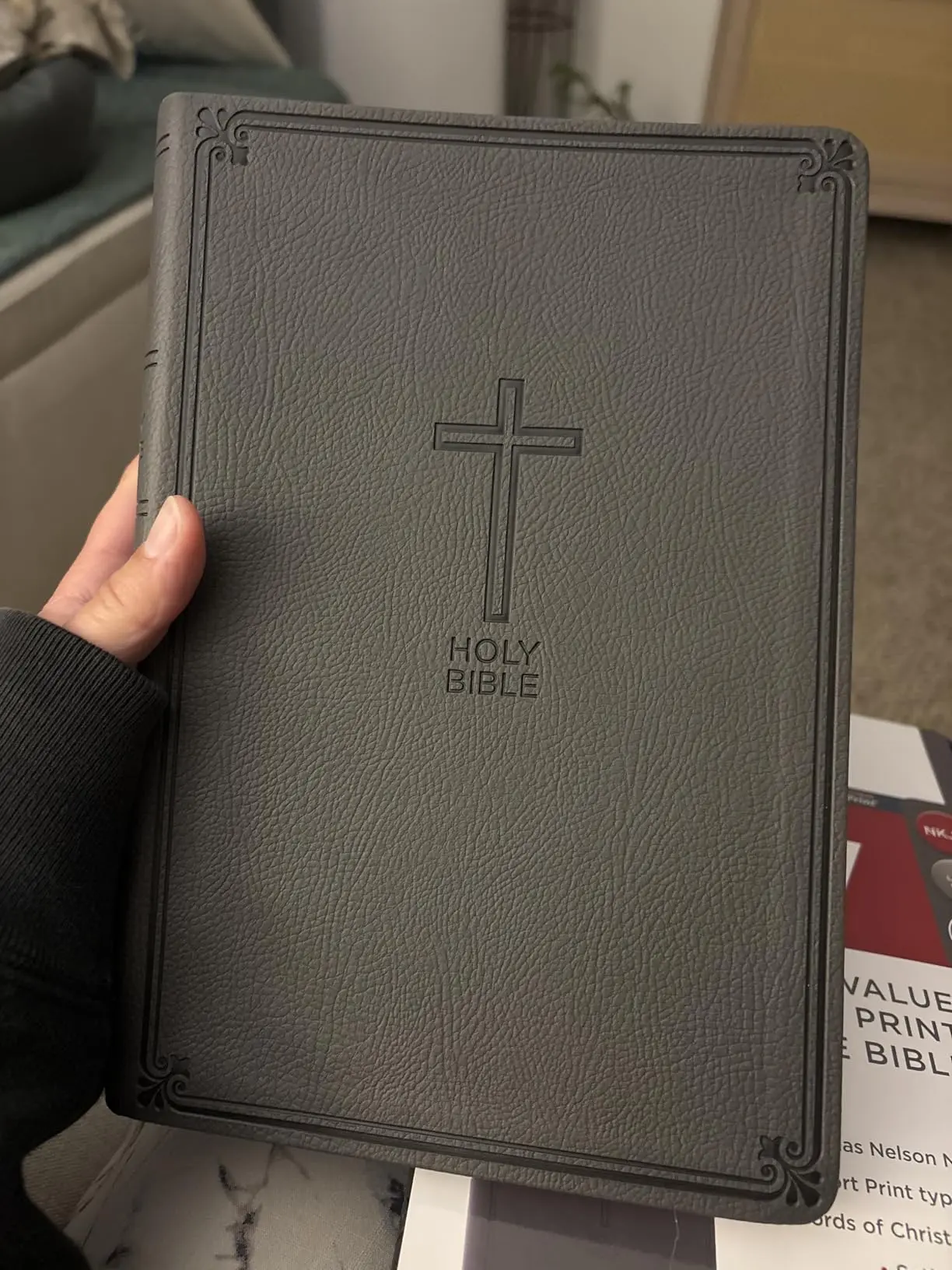 NKJV Bible - Thinline, Large Print, Charcoal Leathersoft Imitation Leather, Red Highlights, Personalization Options, Ideal for Daily Use & Gift-Giving