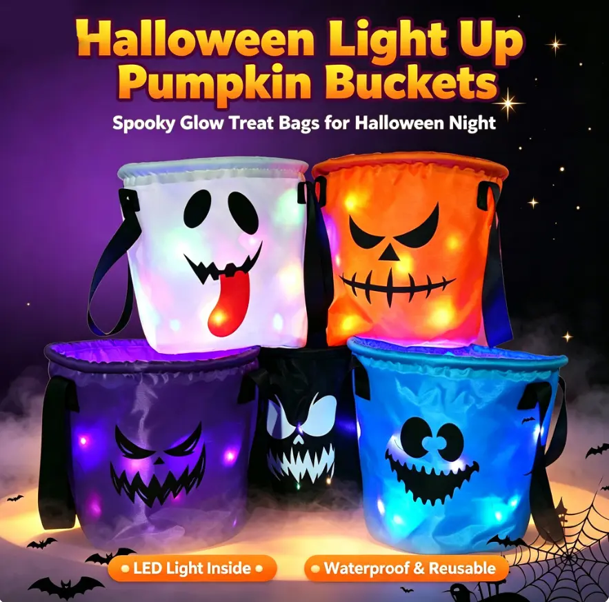 Halloween Light Up Pumpkin Treat Buckets, LED Glow In The Dark Candy Bags With Spooky Ghost Pumpkin Face, Reusable Trick Or Treat Storage Bucket, Portable Goodie Carry Bag For Halloween Night Party Decor