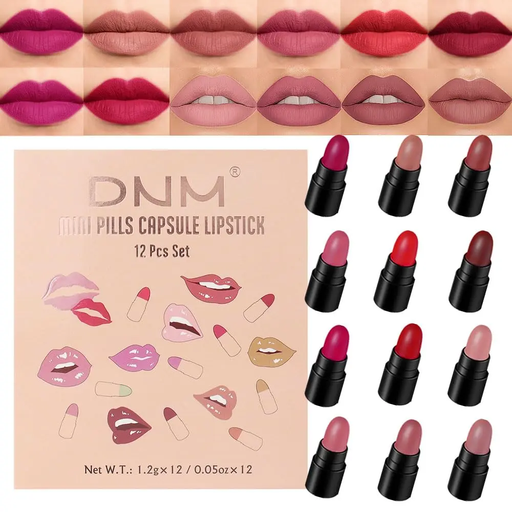 DNM 12Pcs Mini Pills Lipstick Capsule Set for Women Waterproof Long Lasting, Dark Ruby Plum Rose Red Nude Pink Mauve Taupe Brown Matte Small Magic Permanent 24 Hour Lipstick Bulk Samples 01