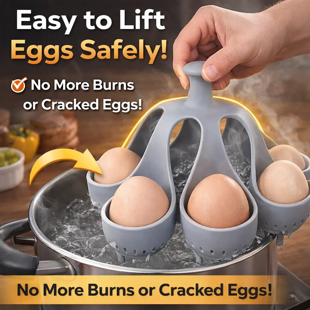 Silicone Egg Boiler Rack with Handle, 6-Egg Holder for Hard or Soft Boiled Eggs, Food-Grade Dishwasher Safe Egg Cooker Basket