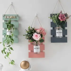 Wall Hanging Artificial Flower Vase Decor with LED Lights, Rustic Farmhouse Wall Planter, Faux Flower Home Decor for Bedroom, Living Room, Entryway, Cozy Room Decoration
