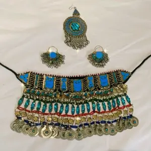 Afghani Jewelry Set - Traditional Design with Blue Accents and Coin Motifs - Afghani Accessories