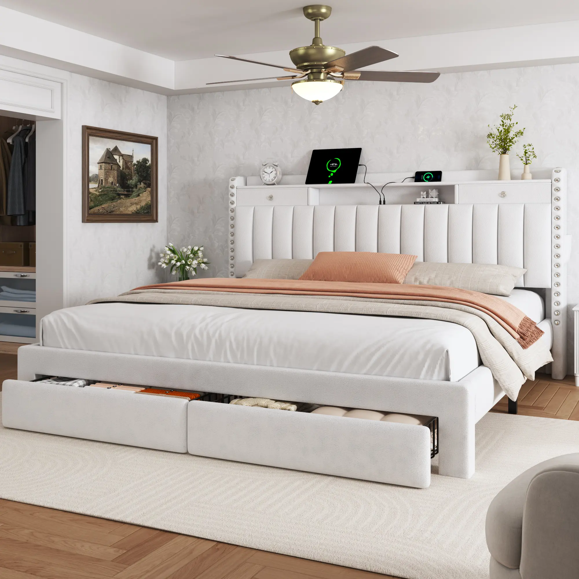 「Deals for You Days」TryLazy Upholstered Flatform Bed Frame with 4 Storage Drawers No MATTRESS Queen Size Wood Slats Holds 900lbs No Noise No Box Spring Needed USB Socket