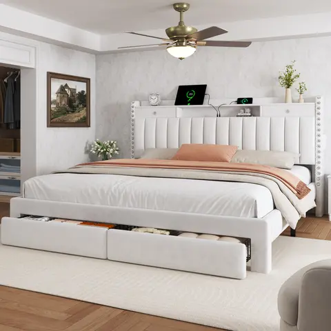 TryLazy Upholstered  Bed Frame with 4 Storage Drawers No MATTRESS Queen Size Wood Slats Holds 900lbs No Noise No Box Spring Needed USB Socket