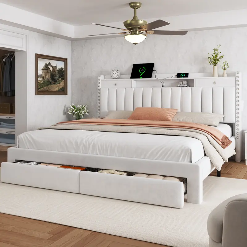 TryLazy Upholstered Bed Frame with 4 Storage Drawers No MATTRESS Queen Size Wood Slats Holds 900lbs No Noise No Box Spring Needed USB Socket