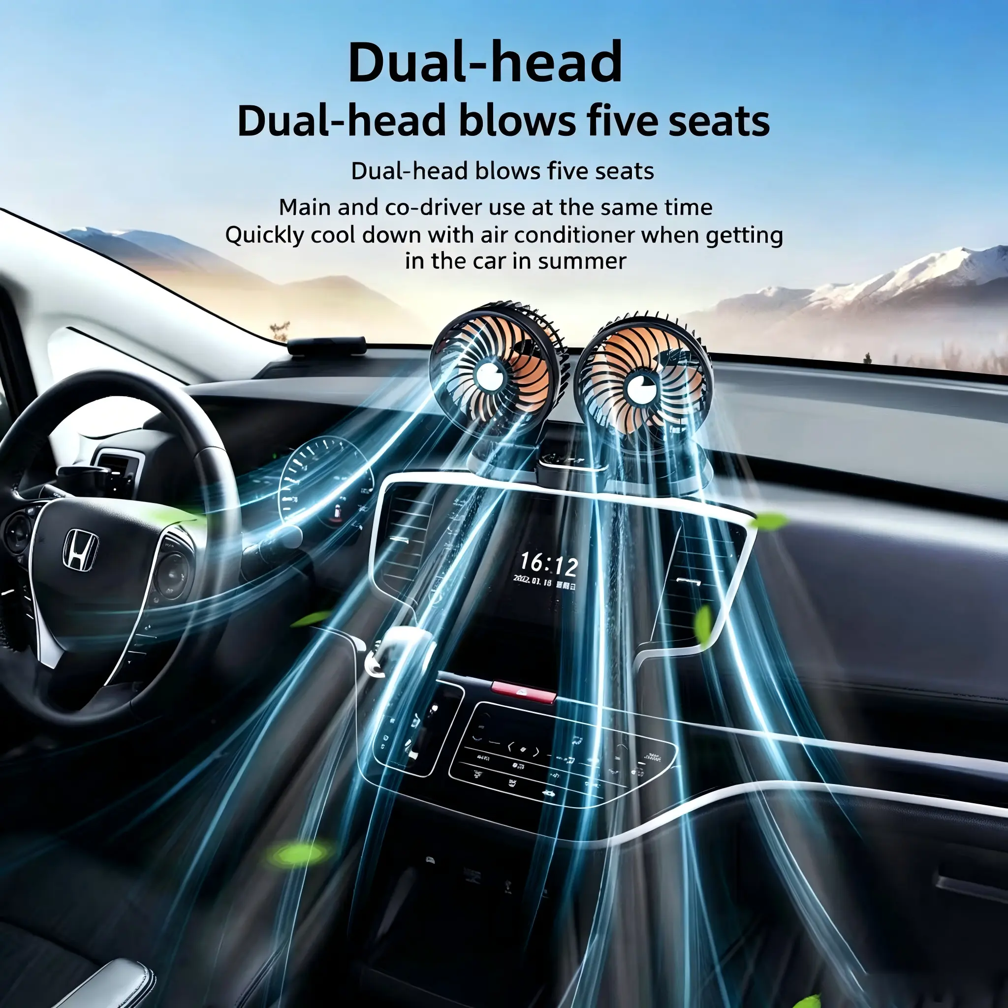 Car fan for use inside vehicles; dual-head high-power 12V car fan; 24V truck fan; universal fan with USB port