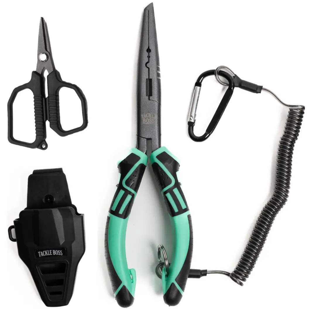 Catfish Pro Tackle Boss 4-Piece Fishing Pliers Set with Braid Cutters, Holster and Retractable Lanyard, Line Cutting, Secure Holster, Steel Blades, Textured Handles, Accessories, Cuts Braid